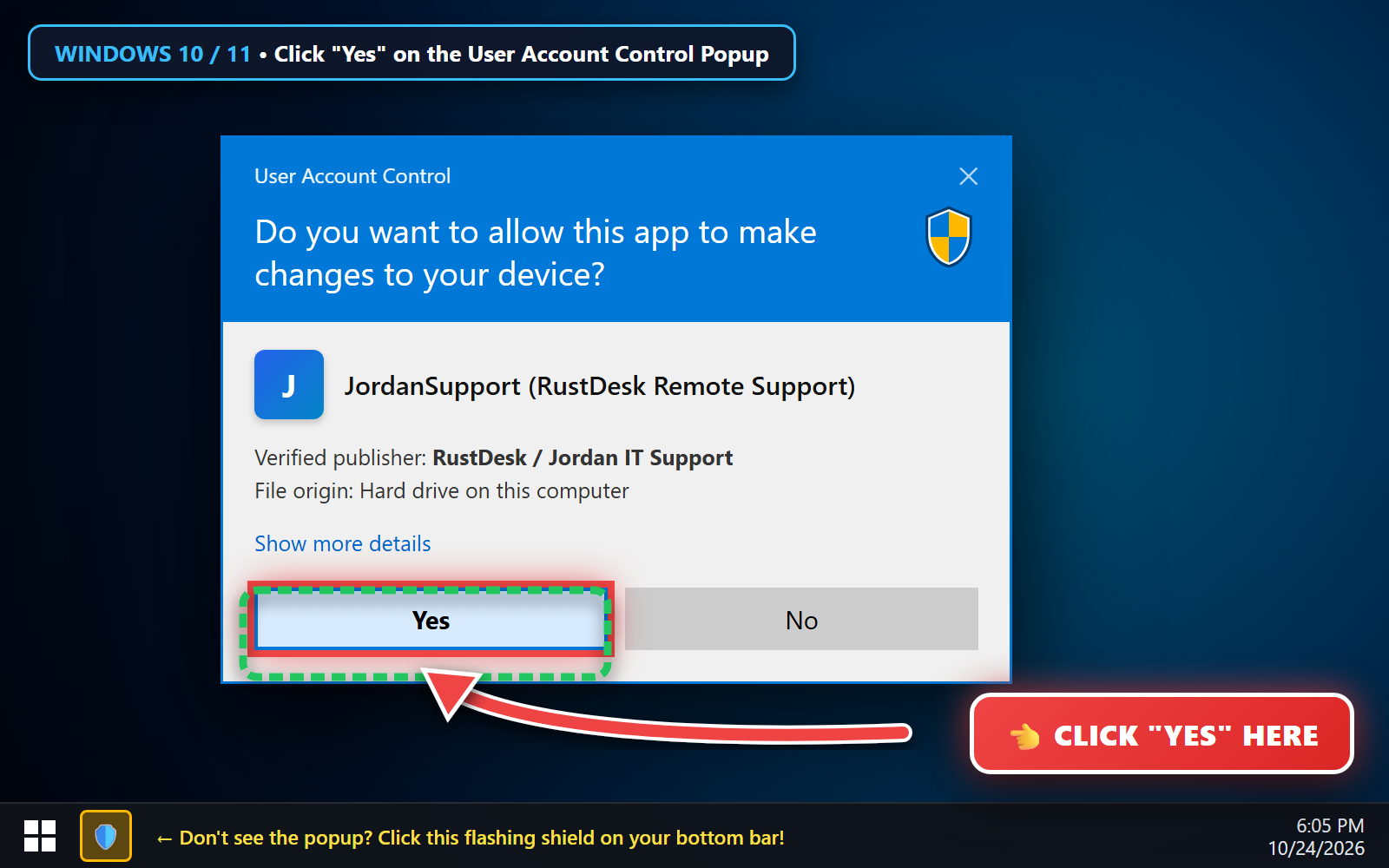 Step 2: Real screenshot of the Windows User Account Control Yes button